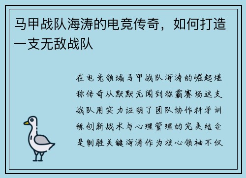 马甲战队海涛的电竞传奇，如何打造一支无敌战队