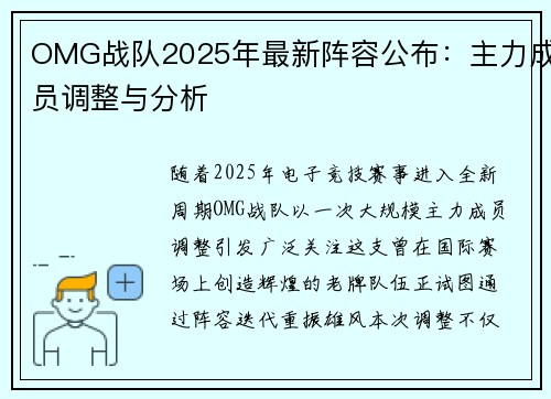 OMG战队2025年最新阵容公布：主力成员调整与分析
