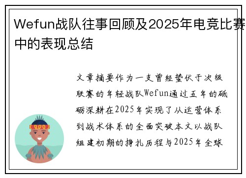 Wefun战队往事回顾及2025年电竞比赛中的表现总结